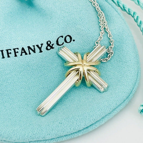 24" Tiffany & Co Cross Crucifix Pendant Necklace Silver 18k Gold Mens Unisex - 1