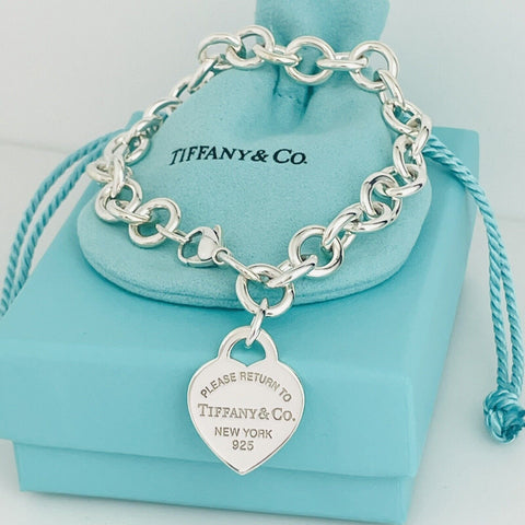 Please Return to Tiffany Heart Tag Charm Bracelet Tiffany Blue Gift Box Pouch - 0