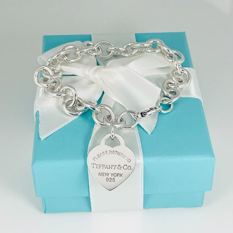 Large 8.5" Return to Tiffany Blue Enamel Heart Tag Charm Bracelet in Silver - 0