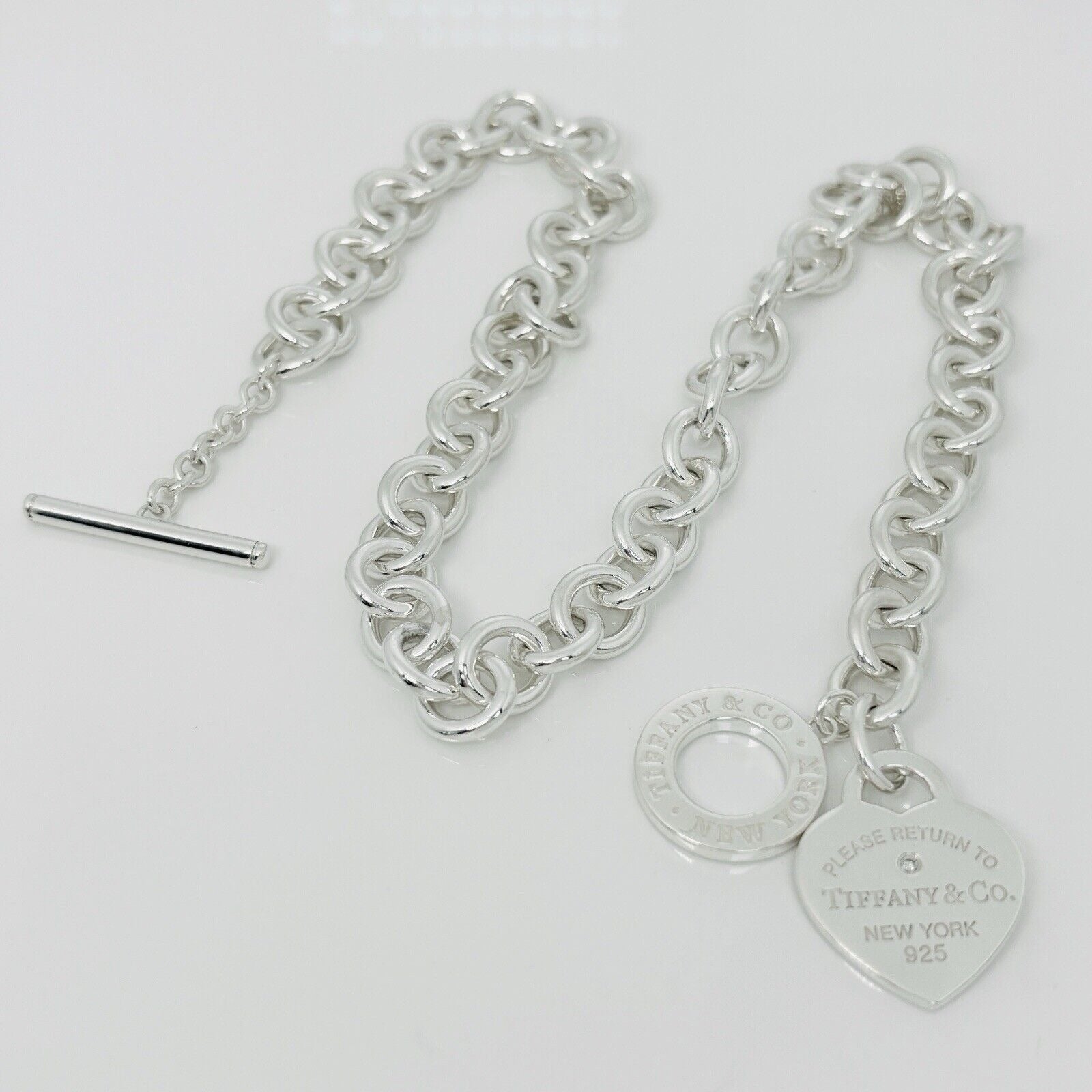 18" Return Tiffany & Co Diamond Heart Tag Toggle Necklace in Sterling Silver