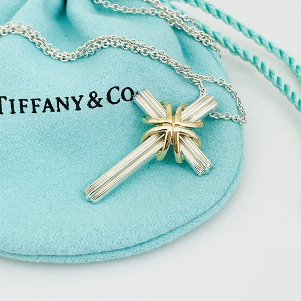 24" Tiffany & Co Cross Crucifix Pendant Necklace Silver 18k Gold Mens Unisex - 2