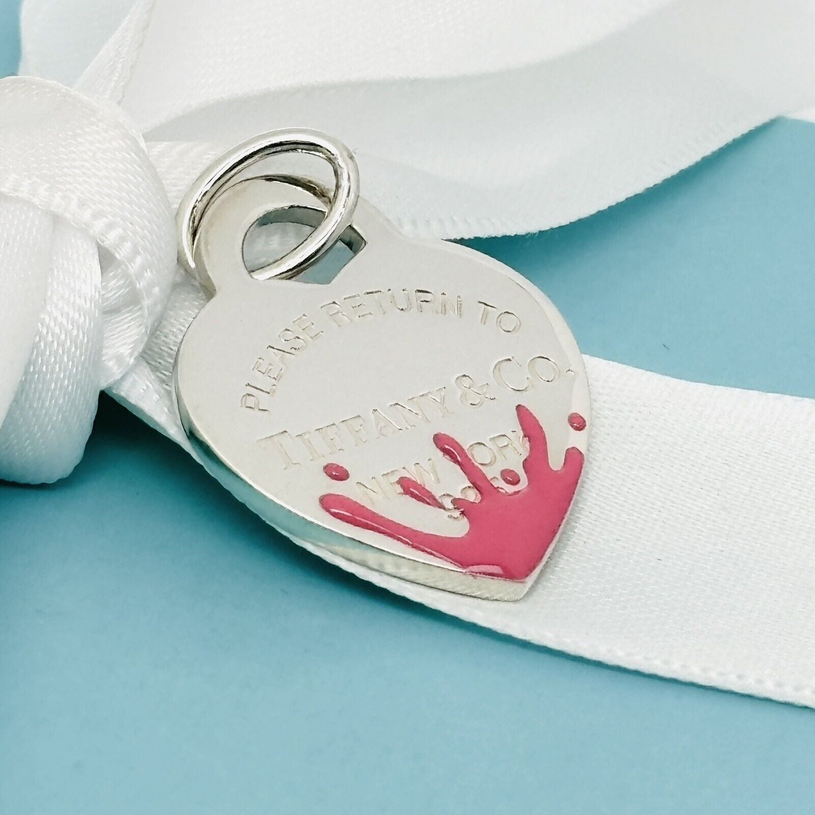 Return to Tiffany Pink Enamel Color Splash Heart Tag Pendant Charm