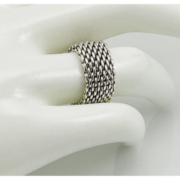 Size 10  Tiffany & Co Somerset Mesh Weave Mens Unisex Ring in Sterling Silver - 1