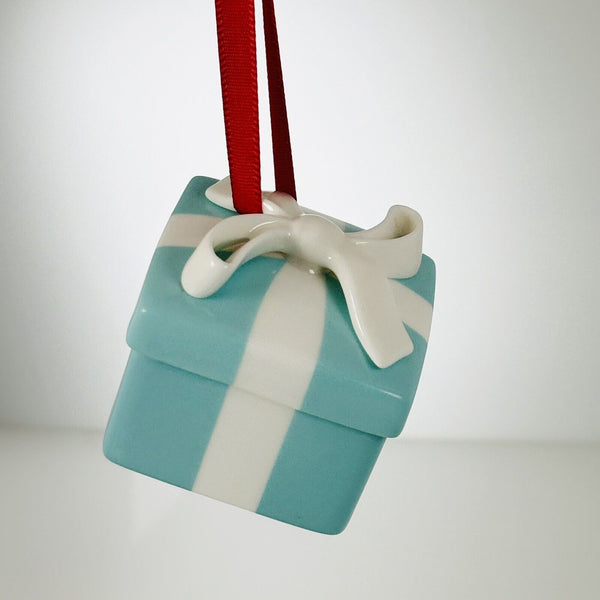 Tiffany Blue Gift Box and Bow Christmas Holiday Ornament Bone China Porcelain - 7