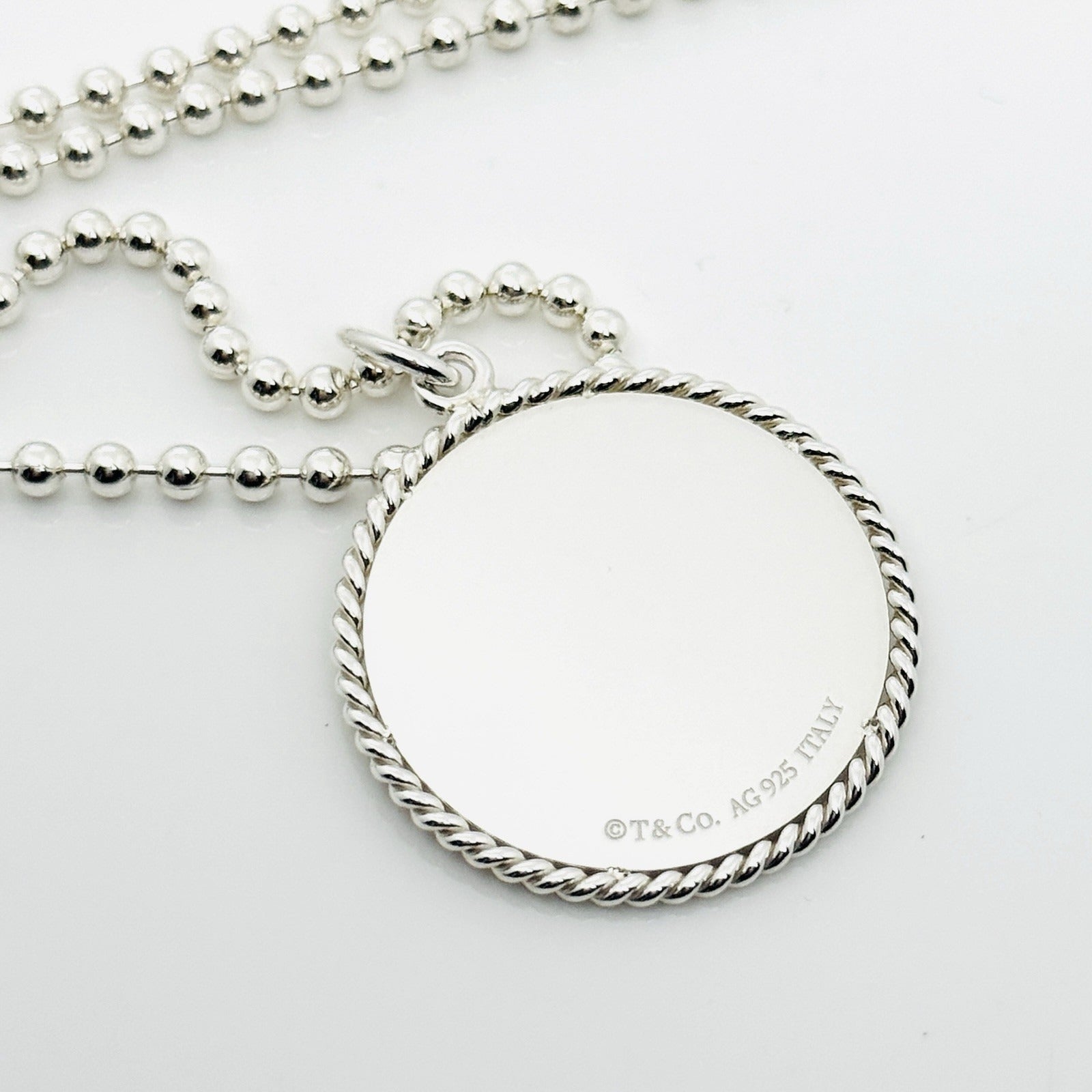 20" Tiffany Gemini Round Pendant Necklace Twist Border Dog bead Chain in Silver