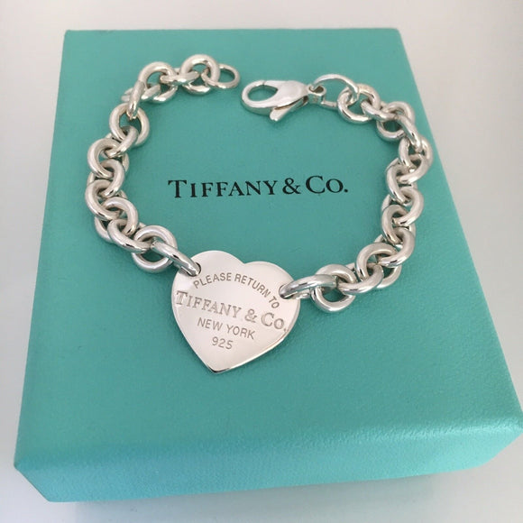 8.5" Large Please Return To Tiffany & Co Center Heart Charm Bracelet in Silver