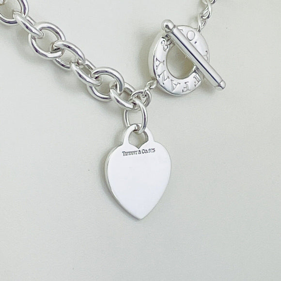 18" Tiffany & Co Silver Blank Heart Tag Toggle Necklace with Blue Pouch