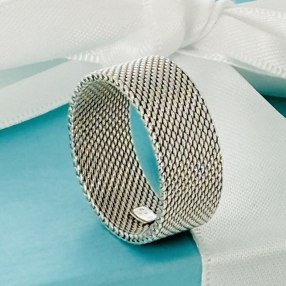 Size 10.5 Tiffany Somerset Ring Firm Mesh Weave Mens Unisex in Sterling Silver