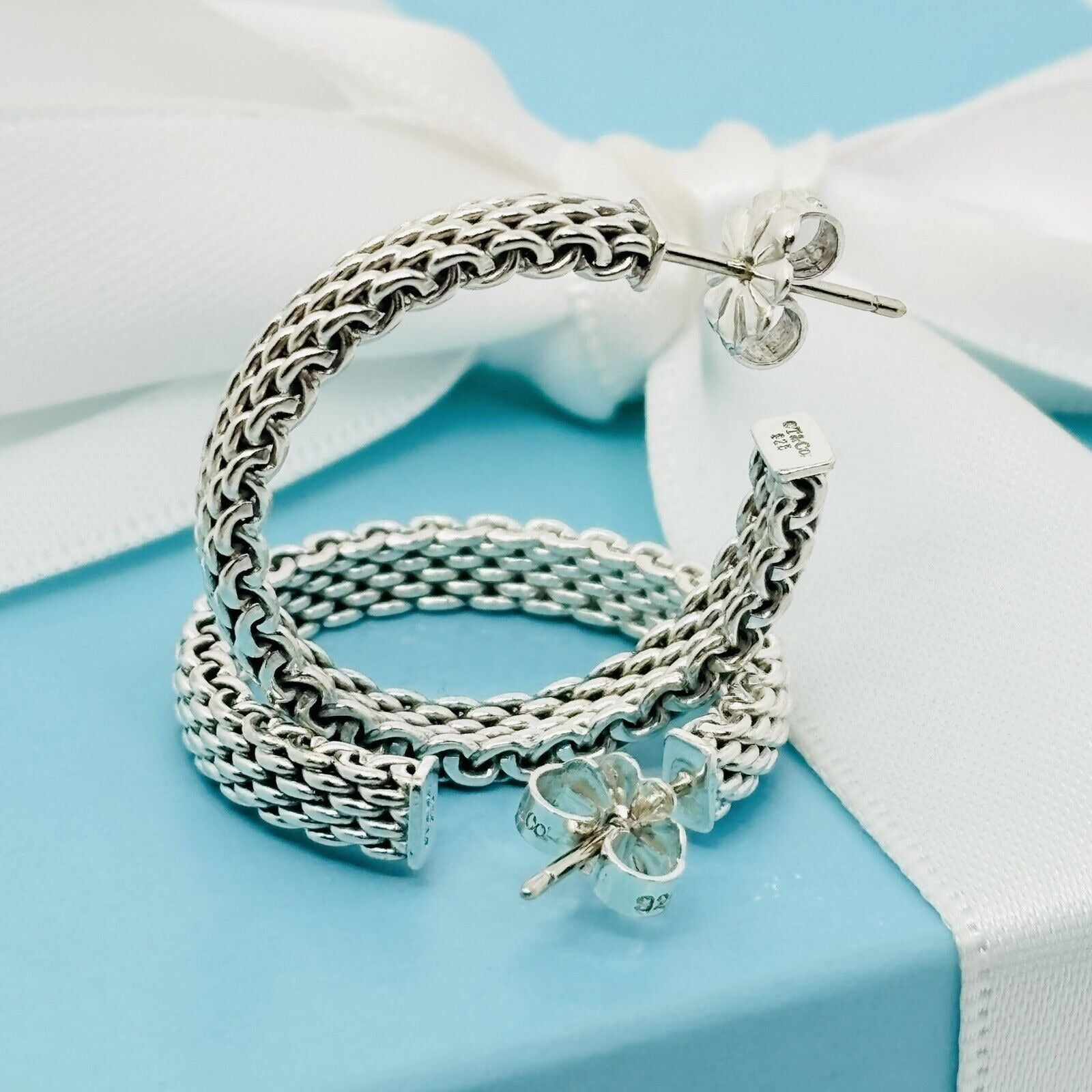 Tiffany & Co 1.2" Large Somerset Mesh Hoop Huggie Earrings in Sterling Silver