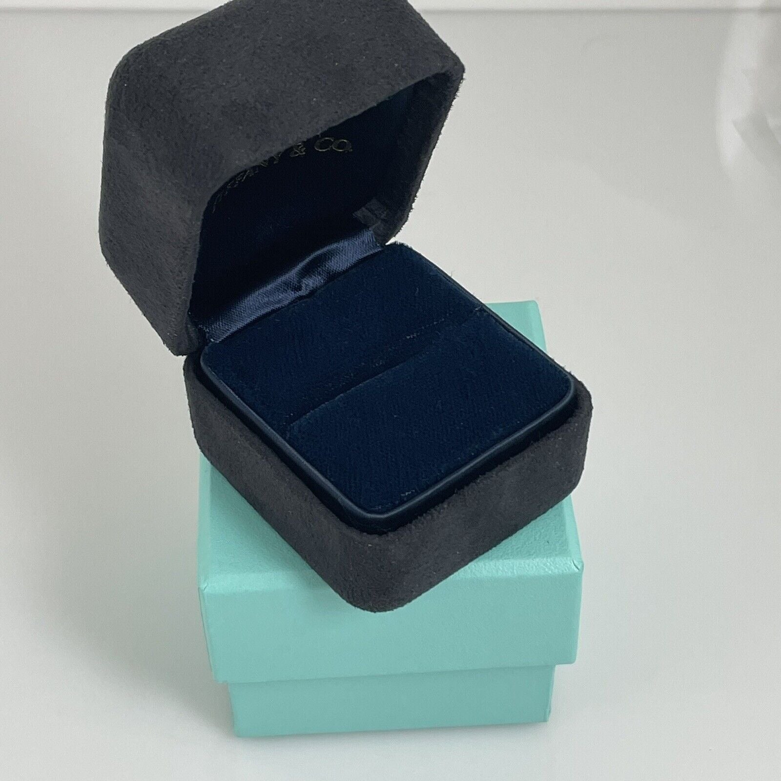 Vintage Tiffany Small Black and Royal Blue Suede Empty Ring Box With Blue Box