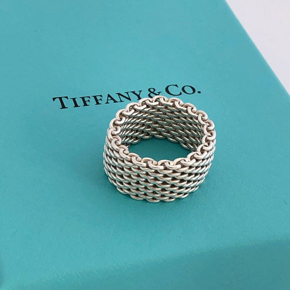 Size 8  Tiffany Somerset Mesh Weave Mens Unisex Ring in Sterling Silver