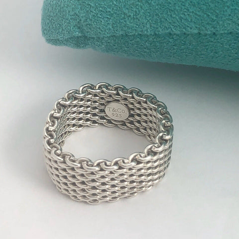 Size 8 Tiffany & Co Somerset Mesh Weave Mens Unisex Ring in Sterling Silver