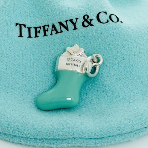 Tiffany & Co Christmas Stocking Sock Charm in Blue Enamel and Silver - 0