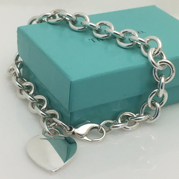 8.75" Large Tiffany & Co Sterling Silver Blank Heart Tag Charm Bracelet Blue Box