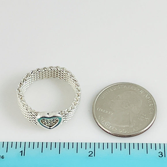 Size 8.5 Tiffany & Co Somerset Heart Ring Mesh Weave Flexible Sterling Silver