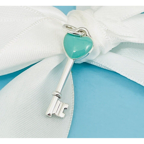 Tiffany & Co Blue Enamel Heart Tag Key Charm or Pendant in Sterling Silver