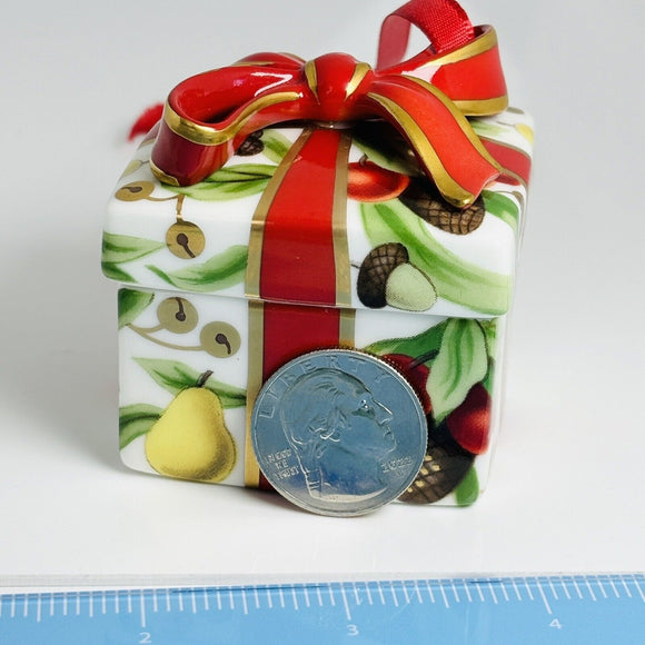 Tiffany Holiday Gift Box and Bow Christmas Holiday Ornament Bone China Porcelain