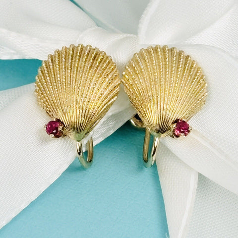 Tiffany Gold Shell Earrings with Red Ruby