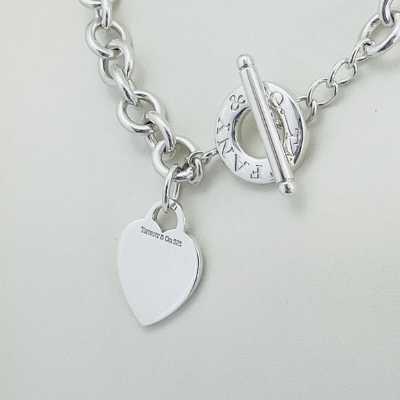 18" Tiffany & Co Silver Blank Heart Tag Toggle Necklace with Blue Pouch