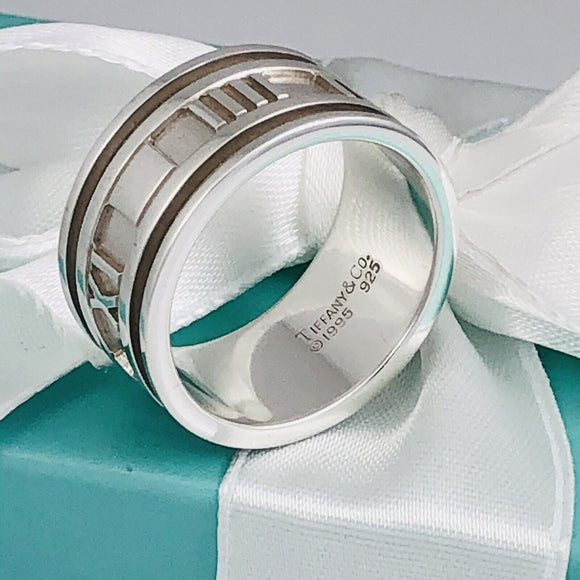 Size 5.5 Tiffany & Co Silver Atlas Ring Unisex Wide Band Roman Numerals