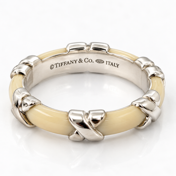 Tiffany & Co. Signature X Ring Size 9.5 in White Enamel and 925 Silver Stacking
