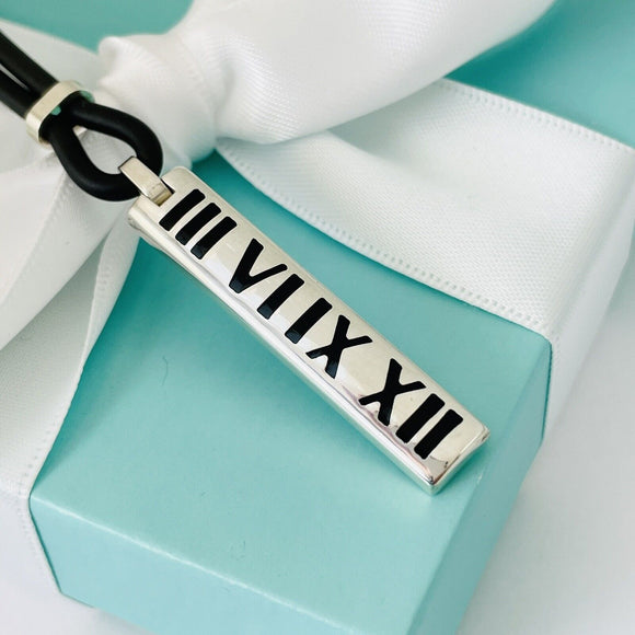 Tiffany 16” Atlas Necklace Bar Pendant in Black Enamel, Silver, Rubber Cord