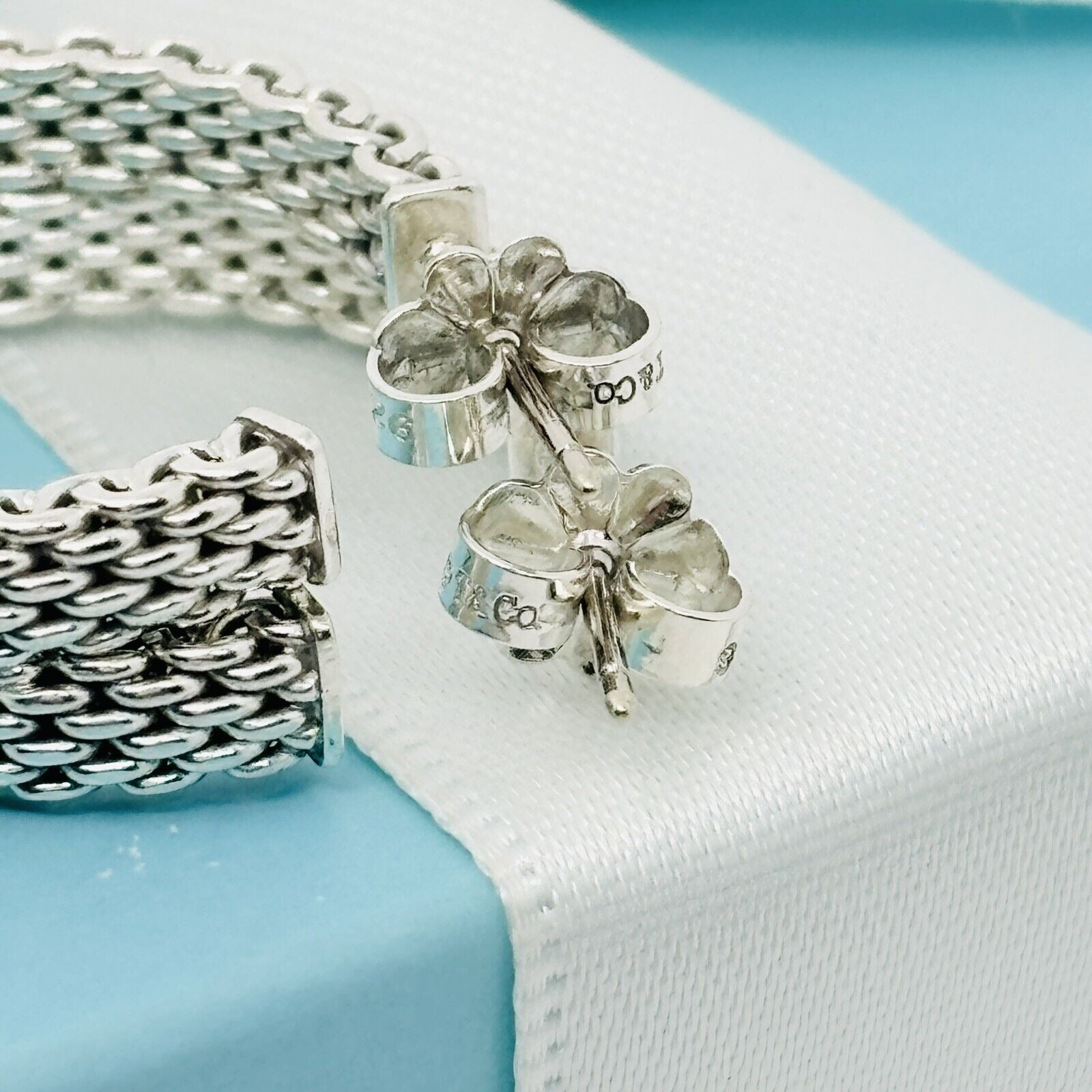 Tiffany & Co 1.2" Large Somerset Mesh Hoop Huggie Earrings in Sterling Silver