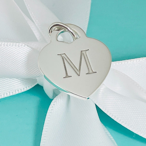 Tiffany Silver Letter M Alphabet Initial Heart Notes Engraved Charm Pendant