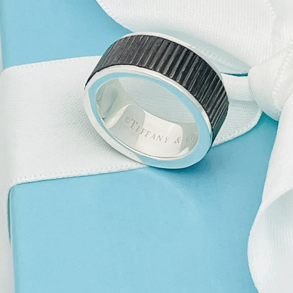 Size 6 Tiffany & Co Midnight Black Coin Edge Titanium and Silver Ring