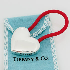 Tiffany & Co Silver Puffed Heart Key Ring Keychain in Red Rubber Sterling Silver