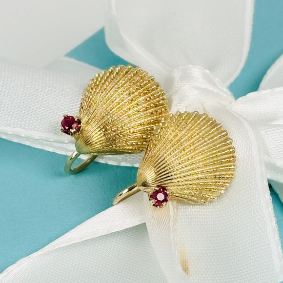 Tiffany Gold Shell Earrings with Red Ruby