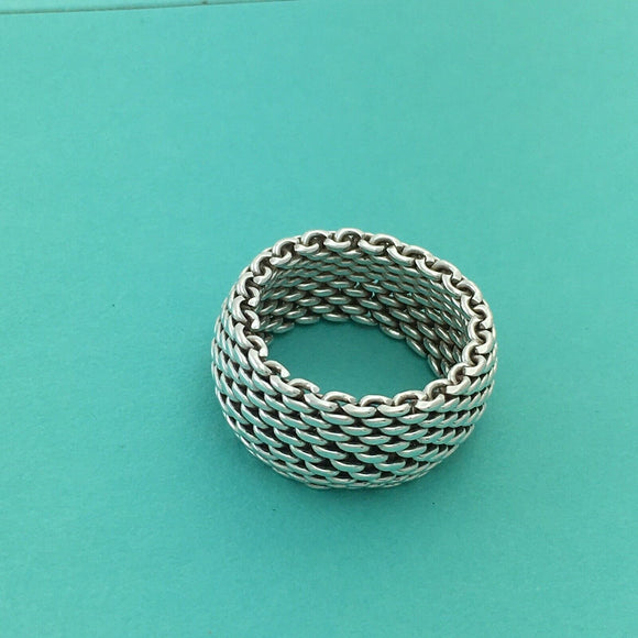Size 8 Tiffany & Co Mens Unisex Silver Somerset Mesh Weave Flexible Dome Ring