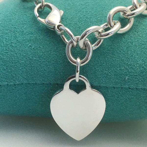 8.75" Large Tiffany & Co Sterling Silver Blank Heart Tag Charm Bracelet Blue Box - 3