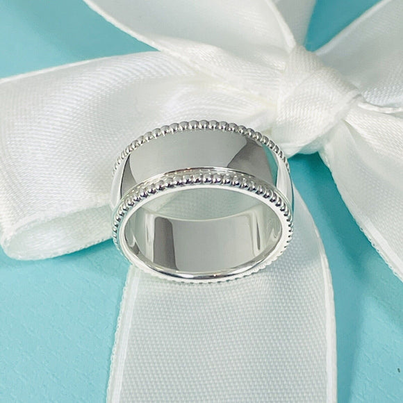 Tiffany & Co. Script Notes Band Ring Size 8 Sterling Silver Beaded Milgrain Edge
