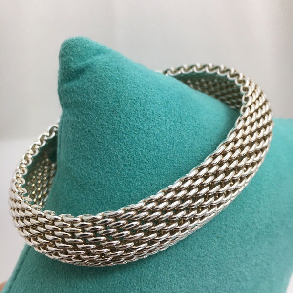 7" SMALL Tiffany & Co Sterling Silver Somerset Mesh Weave Bangle Bracelet - 1