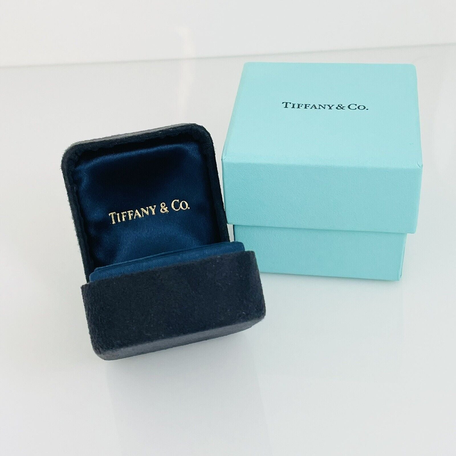 Vintage Tiffany Small Black and Royal Blue Suede Empty Ring Box With Blue Box - 0