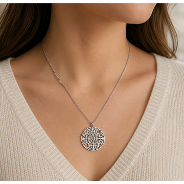 20" Tiffany Large Enchant Filigree Round Pendant Necklace and Chain / 925 Silver - 0
