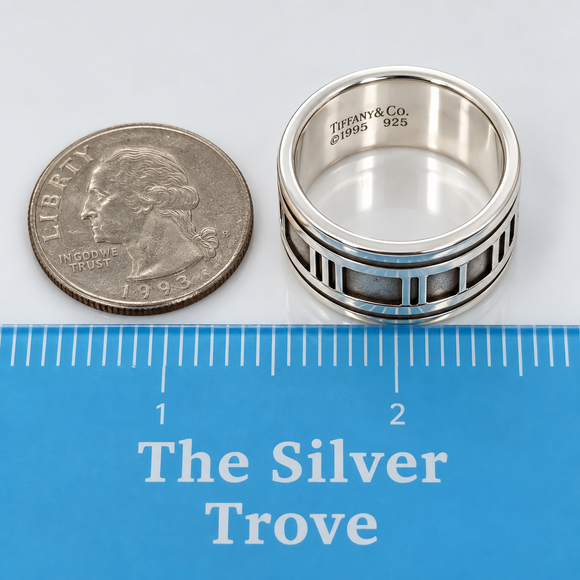 Tiffany & Co. Atlas Ring Size 11 Wide Band Roman Numerals Silver Mens Unisex