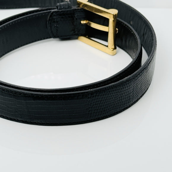 Tiffany Black Lizard Skin Leather Mens Belt Size 32 with Gold Tone Belt Buckle