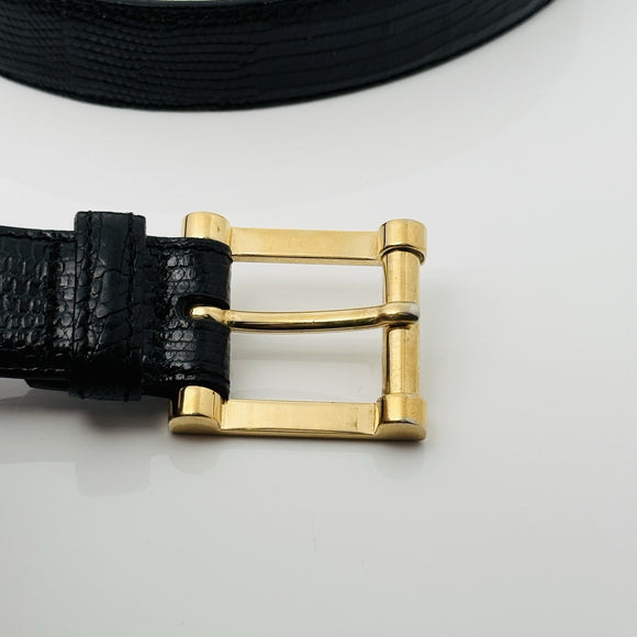 Tiffany Black Lizard Skin Leather Mens Belt Size 32 with Gold Tone Belt Buckle