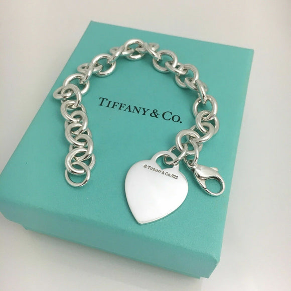 7.75” Tiffany & Co Silver Blank Heart Tag Charm Bracelet