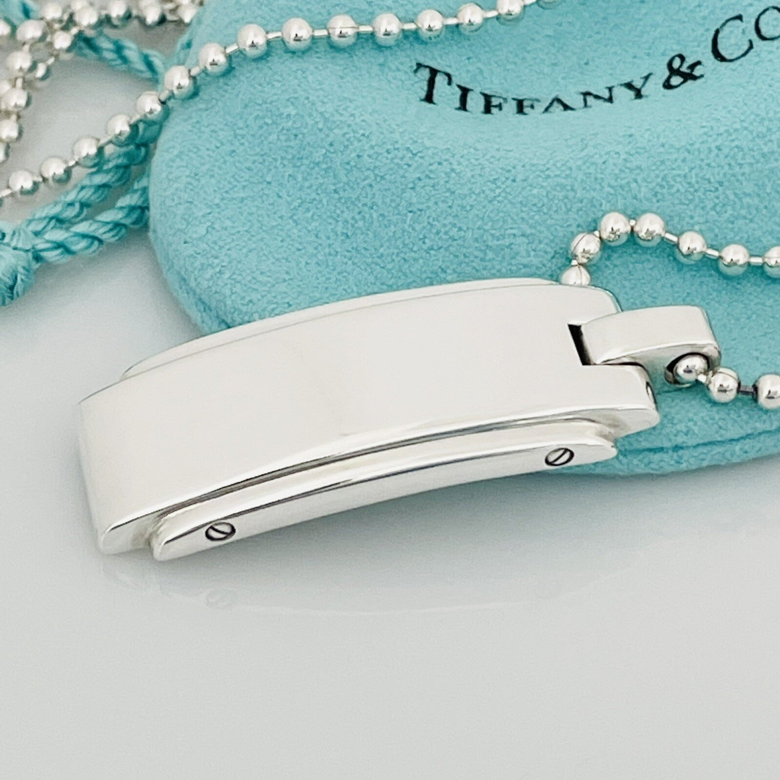 24" Tiffany & Co Metropolis Dog Tag Pendant Bead Necklace Mens Unisex in Silver