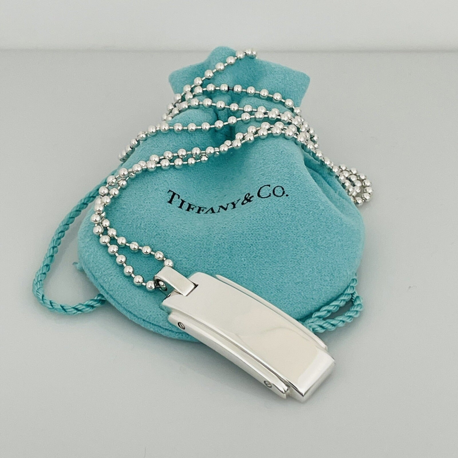 24" Tiffany & Co Metropolis Dog Tag Pendant Bead Necklace Mens Unisex in Silver
