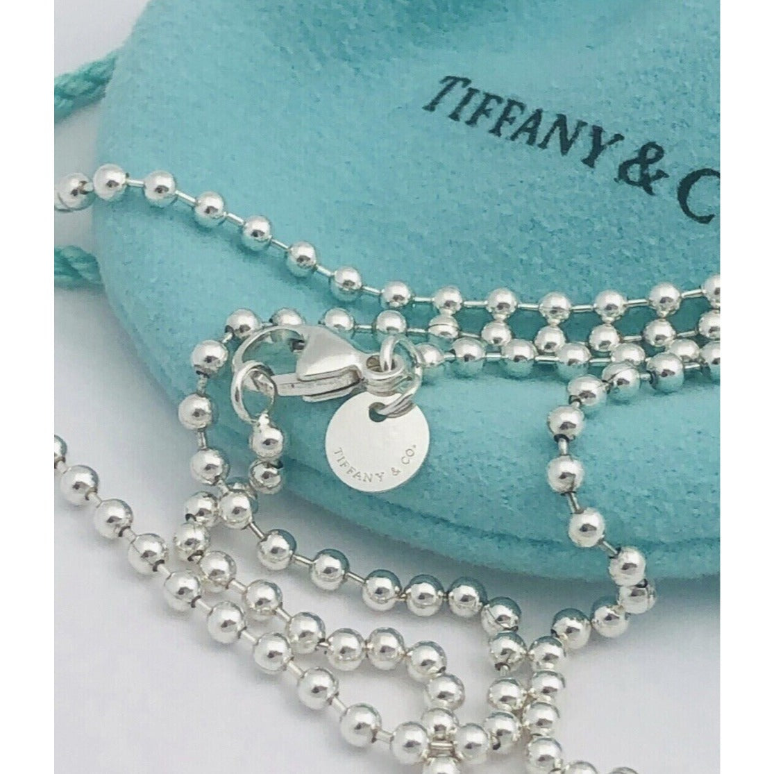 24" Tiffany & Co Metropolis Dog Tag Pendant Bead Necklace Mens Unisex in Silver