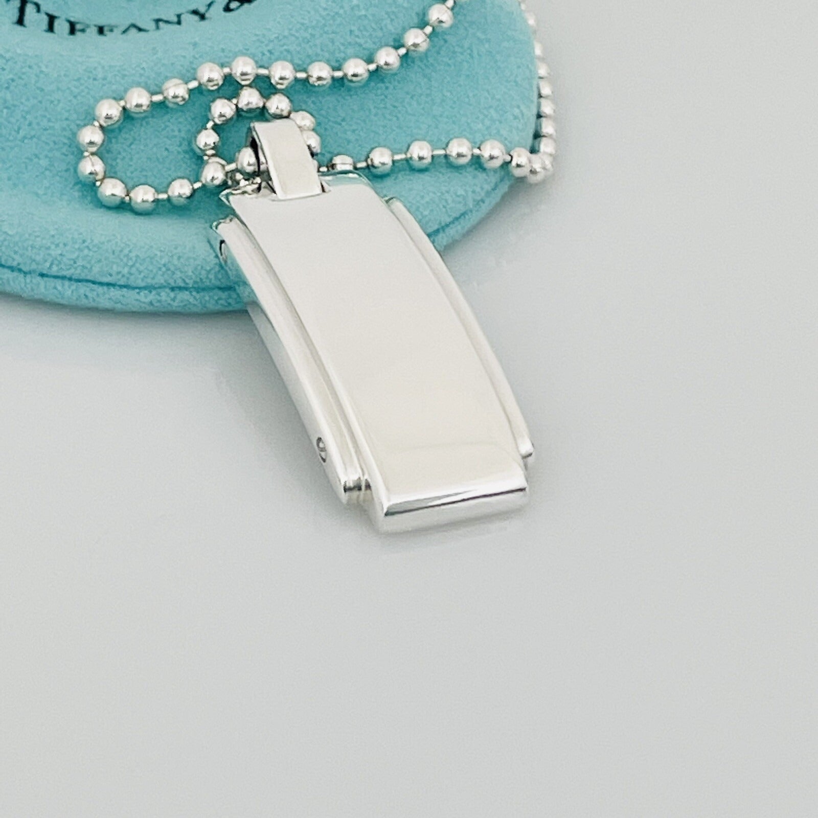 24" Tiffany & Co Metropolis Dog Tag Pendant Bead Necklace Mens Unisex in Silver - 0