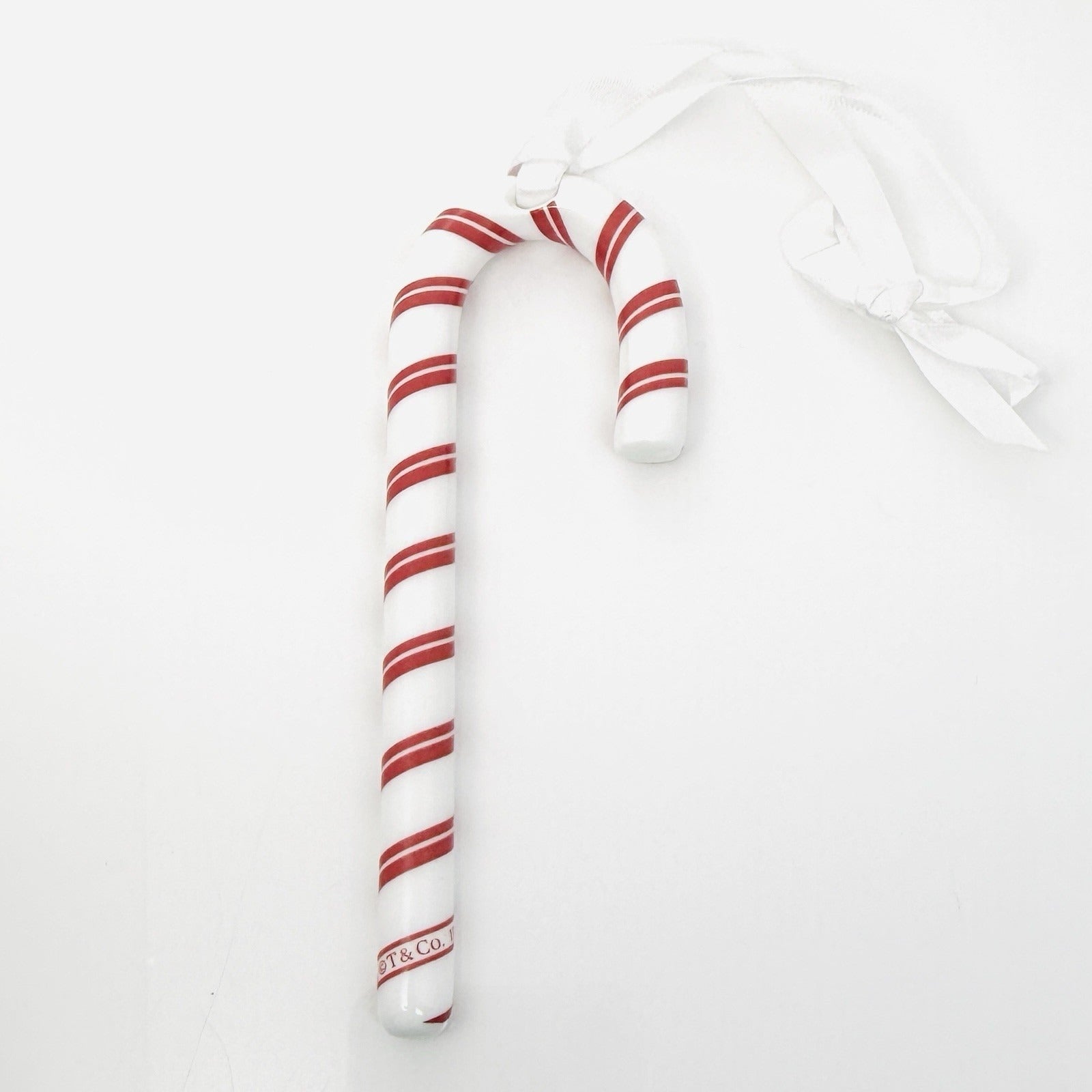 Tiffany Red White Candy Cane Christmas Holiday Ornament with Blue Gift Box Pouch