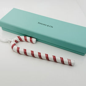 Tiffany Red White Candy Cane Christmas Holiday Ornament with Blue Gift Box Pouch - 0
