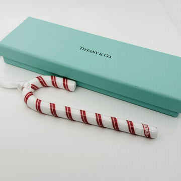 Tiffany Red White Candy Cane Christmas Holiday Ornament with Blue Gift Box Pouch - 0