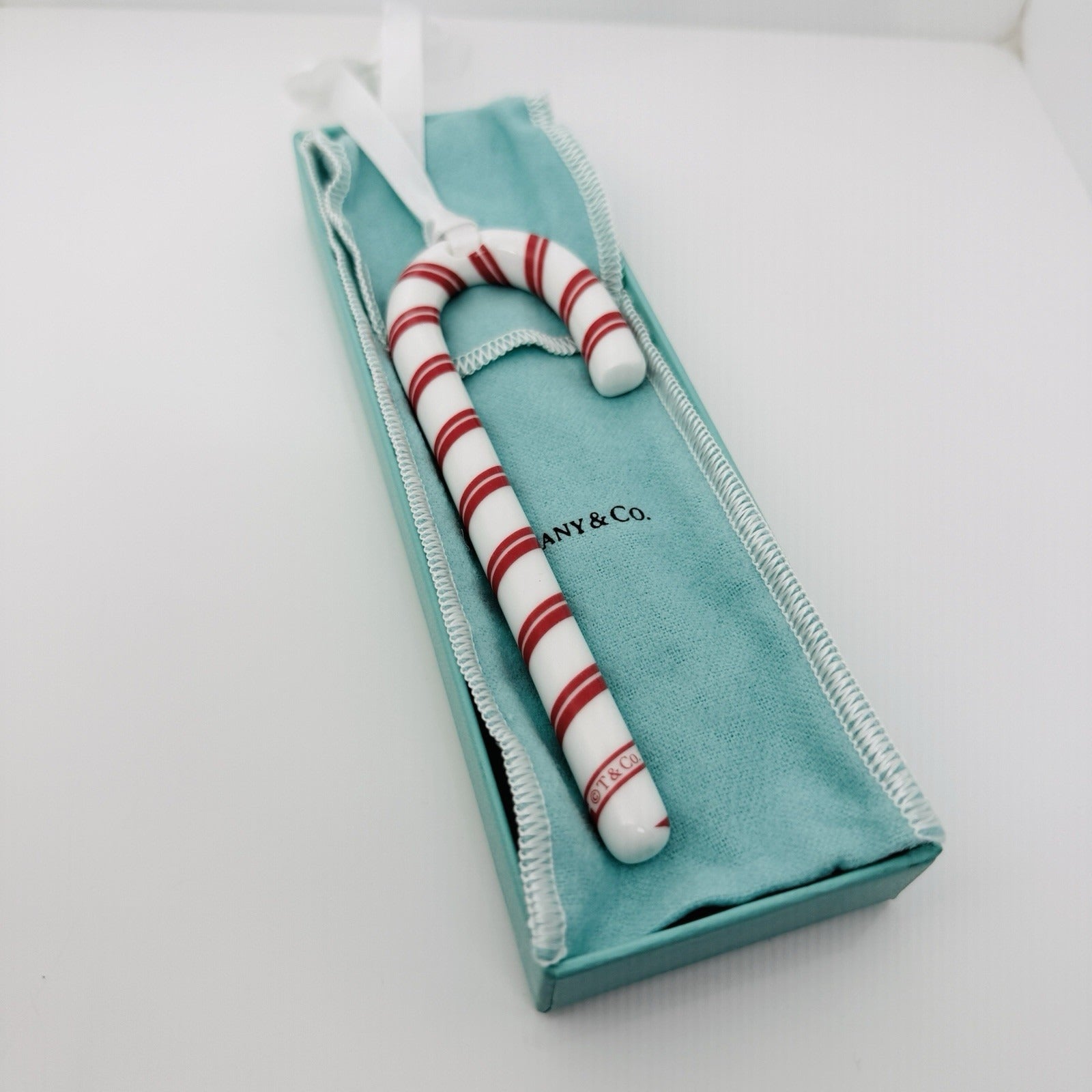 Tiffany Red White Candy Cane Christmas Holiday Ornament with Blue Gift Box Pouch