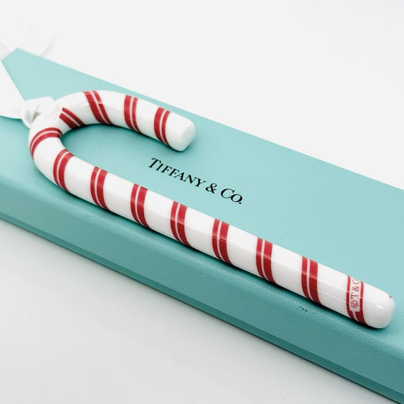Tiffany Red White Candy Cane Christmas Holiday Ornament with Blue Gift Box Pouch